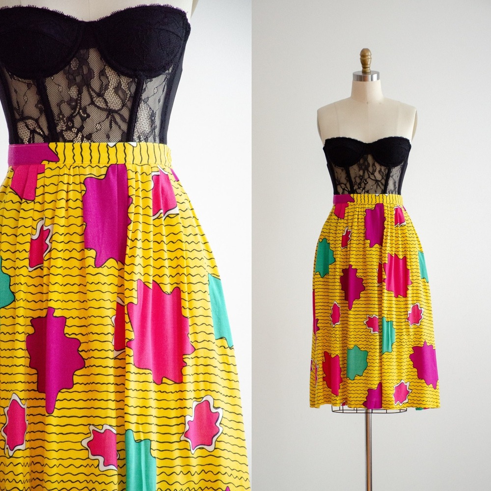 Vintage 80s Abstract Skirt Neon Pink Yellow Rayon S/M Knee Length Pockets